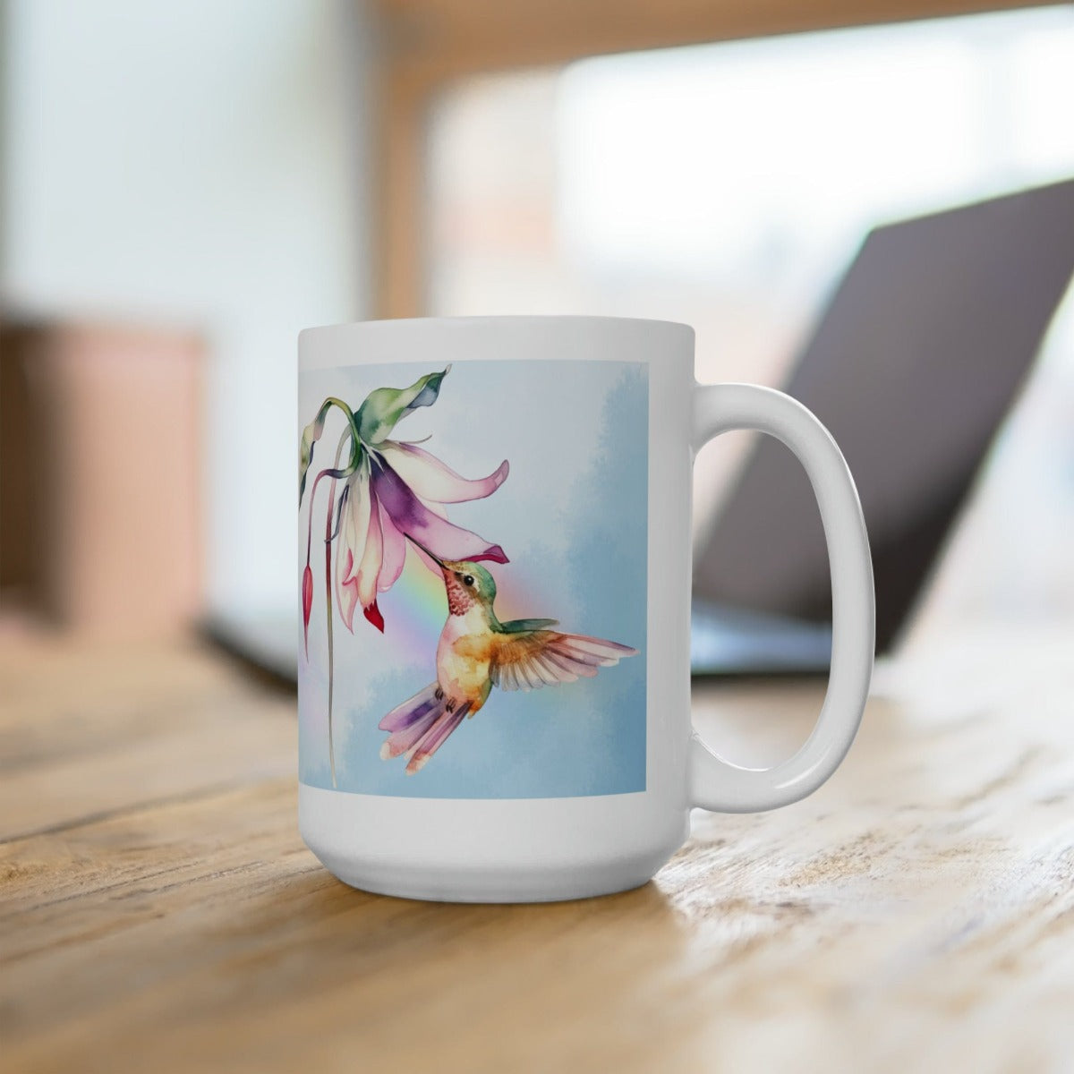 Printify Mug 15oz Coffee Mug, Hummingbird Coffee Mug, Bird Mug, Flower Mug, Birthday Gift, Christmas Gift, Friend Gift, White 15 oz Ceramic 94835321315221654134